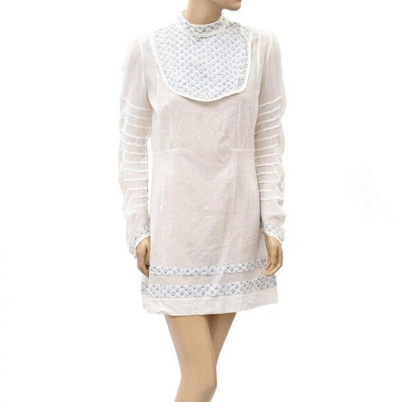 Ulla Johnson Floral Printed Mini Dress White Cotton Long Sleeve S New